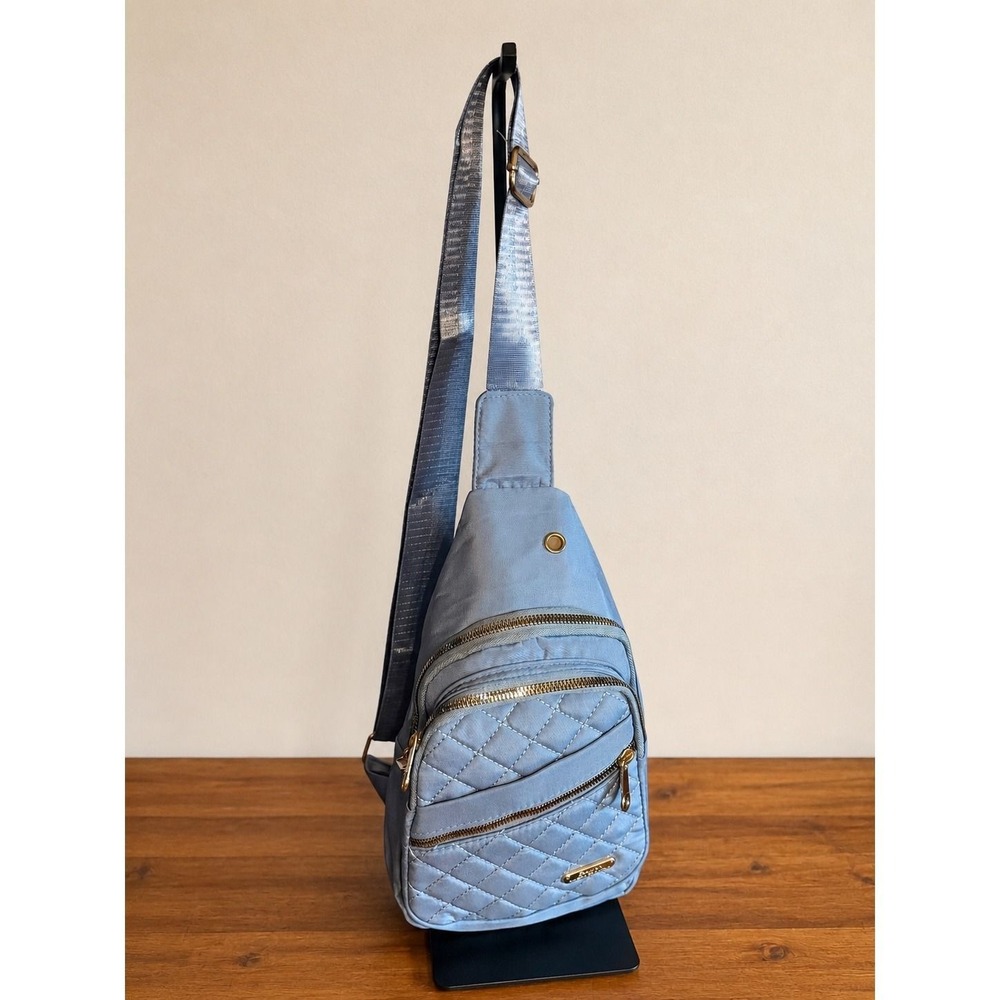 Blue Quilted Nylon Sling Bag Crossbody Backpack Gold Hardware NWOT
